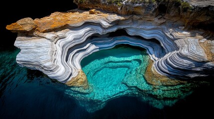 Fototapeta premium Clear water filling a naturally formed rock basin with layered textures.