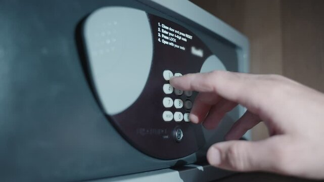 Person failing to open safe box or vault using keypad code and is annoyed. Robber or thief trying to crack open safe using flashlight in the dark. Punches and clicks wrong combination and gets angry