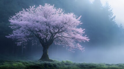 A big sakura tree standing in a cool, misty forest, its pink petals softly illuminated by the early morning light
