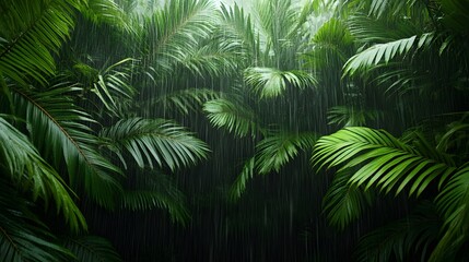 Fototapeta premium A leafy green forest with rain falling on the leaves. The rain is coming down in a steady drizzle, creating a peaceful and calming atmosphere