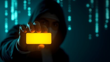 A masked figure holds up a glowing yellow shape in front of a digital backdrop, evoking themes of cybersecurity and hacking