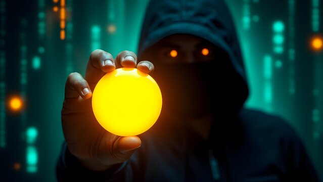 A masked figure holds up a glowing yellow shape in front of a digital backdrop, evoking themes of cybersecurity and hacking