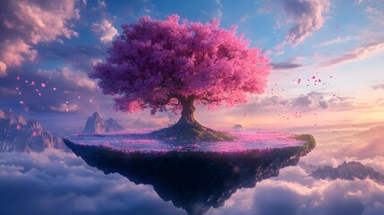 A big sakura tree on a floating island, its cool, neon blossoms casting light over a serene and futuristic landscape