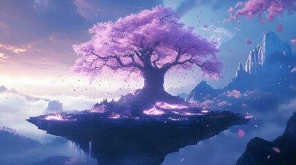A big sakura tree on a floating island, its cool, neon blossoms casting light over a serene and futuristic landscape
