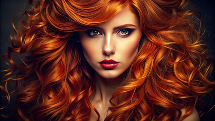 Fototapeta premium Vibrant close-up of a fiery redhead's tousled locks, warm golden light accentuating the deep crimson hue, with subtle hints of auburn and caramel undertones.