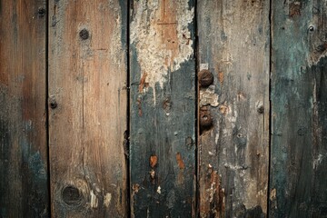 Weathered Wooden Planks with Peeling Paint and Rusty Nails