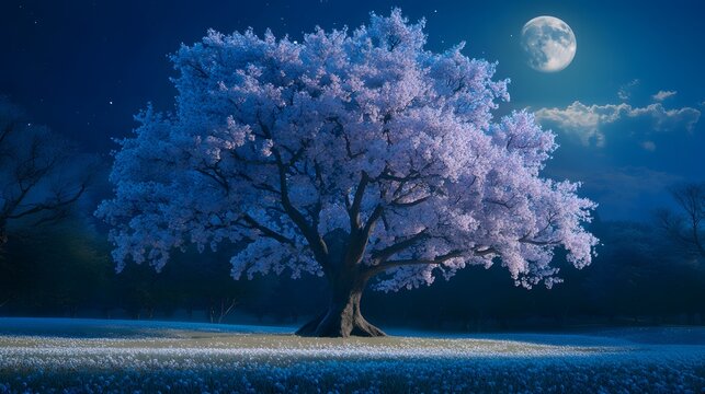 A massive sakura tree with icy blue and pink blossoms, standing in a cool, quiet park under the glow of a full moon - Powered by Adobe