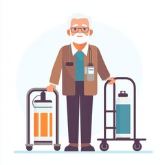 Elderly man with a walker and oxygen tank, mobility and respiratory aid, flat design, neutral tones, isolated on white background
