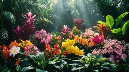 Sunbeams Illuminating a Tropical Garden with Vibrant Flowers