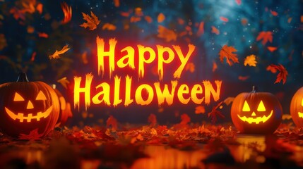 A vibrant Halloween banner displays Happy Halloween in flickering letters, surrounded by glowing jack-o'-lanterns and falling autumn leaves