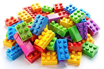 Obraz premium Vibrant colorful building blocks scattered on a white background, featuring various shapes and sizes of interconnected elements, perfect for creative projects and educational illustrations.