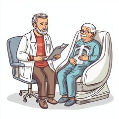 Senior doctor explaining results of a CT scan to an elderly patient, handdrawn style, soft hues, isolated on white background