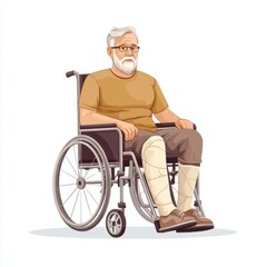 Senior man in a wheelchair with a cast on his leg, postinjury recovery, cartoon style, neutral colors, isolated on white background