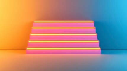 Obraz premium A modern, illuminated staircase featuring vibrant pink and orange LED lights against a sleek blue background.