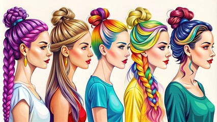 Obraz premium Vibrant, colorful illustration of various trendy hairstyles, including braids, buns, and ponytails, showcasing diverse textures, lengths, and styles on smiling, fashion-forward young women's profiles.