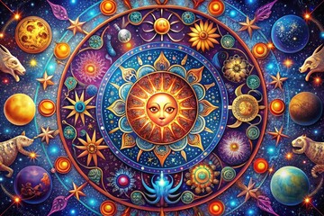 Fototapeta premium Vibrant colorful illustration of zodiac signs and celestial bodies surrounded by mystical symbols and ornate patterns on a dreamy starry night sky background.