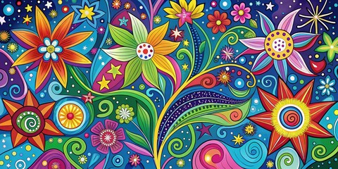 Fototapeta premium Vibrant, colorful illustration of whimsical flowers, stars, and swirling patterns, with bold lines and shapes, perfect for adding a playful touch to designs and documents.