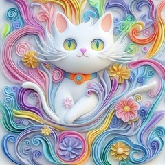 Enchanting Claymation Ghost Cat Sticker with Playful Anime Features in Vibrant Pastel Colors | Ultra HD Cartoon Animation Art