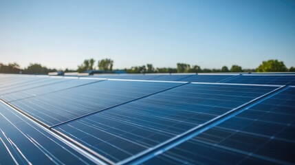Clean Energy Innovation, Modern Solar Panels on Rooftop Reflecting Clear Blue Sky with Natural Background. Text Space Available.