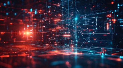 Fototapeta premium Abstract Digital Circuitry with Red and Blue Glowing Lines