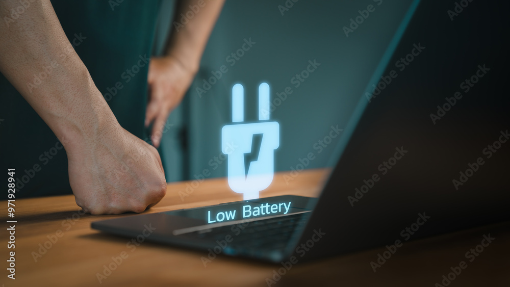 Aufkleber Battery laptop is running low. Concept of Technology and daily life. Man is angry and frustrated when he learns that his laptop computer's battery is dead and did not bring the charger adapter.