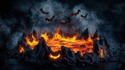Flames flicker on a podium made of molten lava rock as bats soar across the moonlit sky, creating a spooky Halloween atmosphere