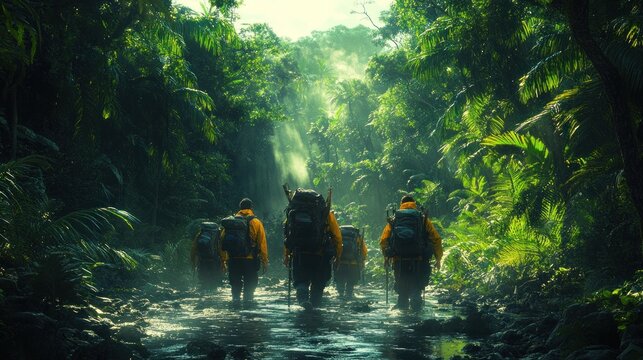 Hikers trekking through a lush jungle environment.