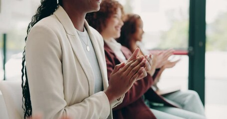 Business people, audience and celebration for conference, workshop and corporate training or development. Hands, diversity and applause for presentation, collaboration or industry goals with support