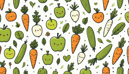 Seamless background pattern of organic farm fresh fruits and vegetables. 