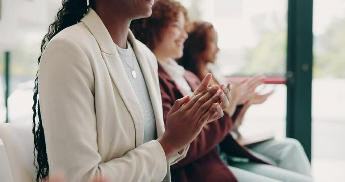 Business people, audience and celebration for conference, workshop and corporate training or development. Hands, diversity and applause for presentation, collaboration or industry goals with support