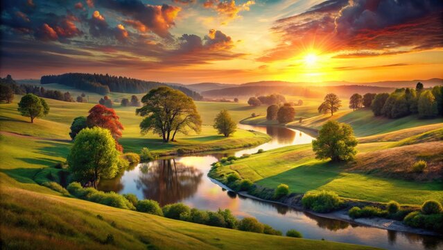 Vibrant digital artwork depicting a serene rural countryside with rolling hills, towering trees, and a meandering river, set against a warm sunset background with subtle texture.