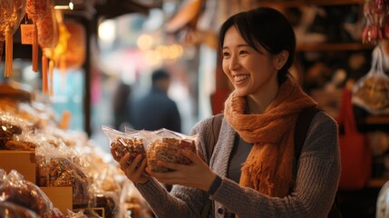 A woman holding a souvenir in one hand, smiling at the shopkeeper, her eyes sparkling with gratitude and warmth