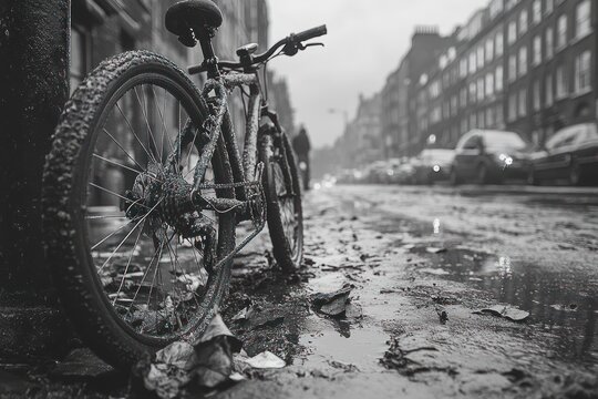 Fototapeta Bicycle in a Wet City Street