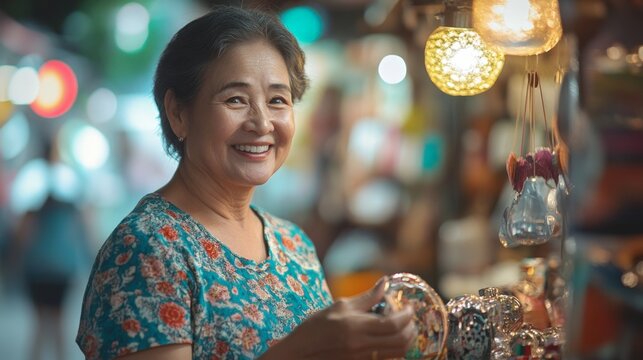 A woman holding a souvenir in one hand, smiling at the shopkeeper, her eyes sparkling with gratitude and warmth