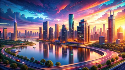 Obraz premium Vibrant digital illustration of a bustling metropolis at sunset, featuring sleek skyscrapers, winding roads, and vibrant neon lights reflected in a serene city lake.