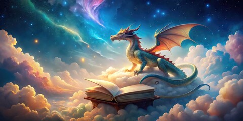 Vibrant digital illustration of a dragon perched on a floating book, surrounded by swirling clouds and stars, amidst a whimsical, dreamlike atmosphere of learning and imagination.