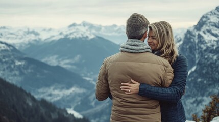Naklejka premium A couple holding each other close while overlooking a mountain range, hands resting gently on each others backs, smiles on their faces