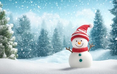 Obraz premium A snowman with a red hat and scarf stands in the snow