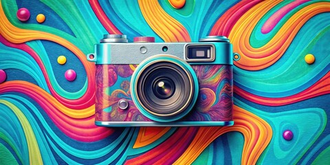 Vibrant digital illustration of a retro-style camera with colorful swirly patterns and abstract shapes, set against a bright blue background with subtle texture.