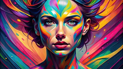 Fototapeta premium Vibrant digital illustration of a stylized adult with bold lines, vibrant colors, and abstract shapes, conveying emotions and personality through expressive facial features and dynamic poses.