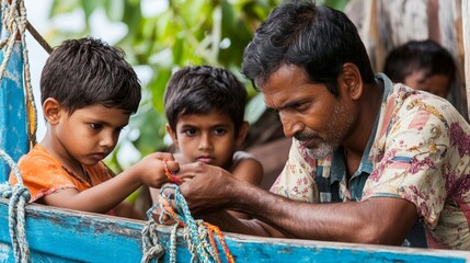 A father tying a knot on a fishing boat with skilled hands while his children watch in fascination