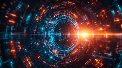 Abstract Digital Tunnel with Glowing Orange and Blue Lights