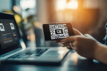 Scanning QR code with smartphone near laptop