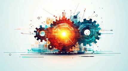 Obraz premium Interlocking Gears with Digital Technology Elements
