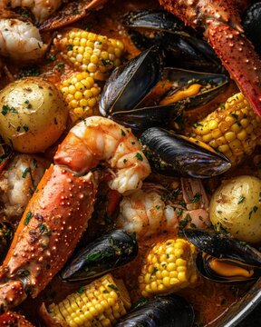 Close-up of seafood boil with crab, shrimp, and corn