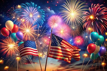 Vibrant fireworks explode against a starry night sky, with American flags and balloons scattered around a lively summer celebration with sparklers and patriotic decor.
