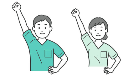 ガッツポーズをする歯科医男女の上半身イラスト