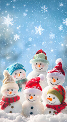 Fototapeta premium Happy snowmen in Christmas hats enjoying a snowy winter scene