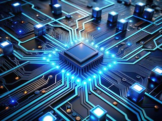 Obraz premium Vibrant, futuristic computer circuit board illustration with glowing blue wires, microchips, and motherboards, set against a dark background, showcasing technological innovation 