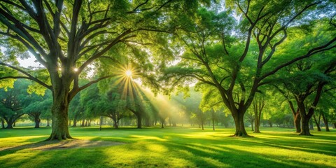 Obraz premium Sunlight streaming through lush green trees in a peaceful park setting, sunshine, trees, park, nature, outdoors, scenery